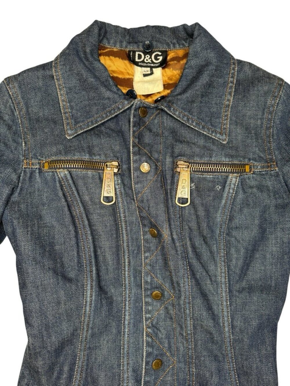 D&G Dolce & Gabbana XS Vintage Y2K Denim Jacket Tiger Stripe Lining Zip Pockets - Picture 2 of 11